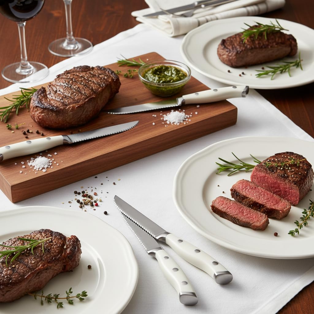 Alata 6-Piece White Steak Knives Set, Full-Tang Serrated Sharp Knives