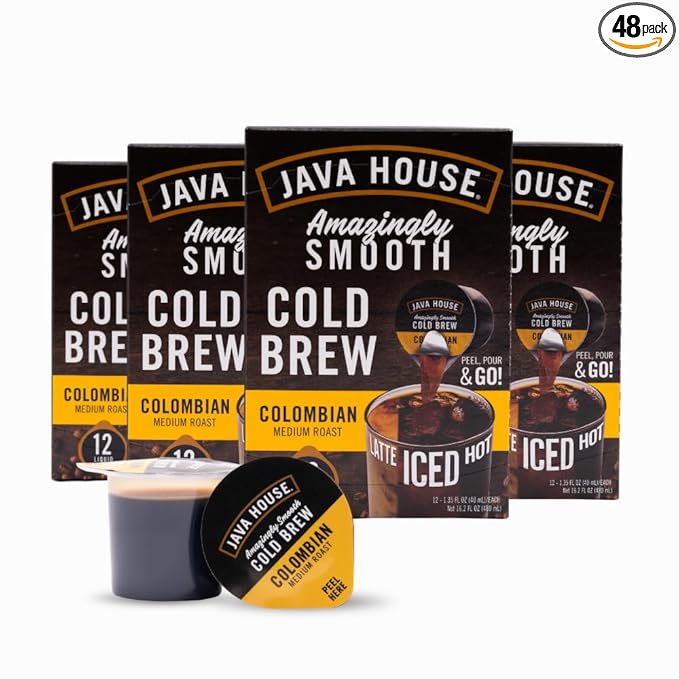 JAVA HOUSE Medium Roast Colombian Cold Brew Capsules, 1.35 Fluid Ounces (48 Count) Peel and Pour, TSA Approved, Travel Friendly Cold Brew, Hot or Iced, Instant Coffee Concentrate