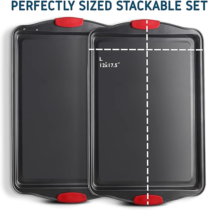 Eatex Nonstick Baking Sheet Set, 2-Piece Baking Pans Set with Silicone Handles, Carbon Steel Cookie Sheets for Baking Commercial Grade Quality Oven Tray, Large Half Sheet Pans for Baking