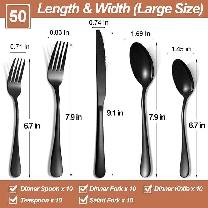 50 Pcs Black Silverware Set for 10, Food Grade Stainless Steel Flatware Set, Eating Utensils Sets Include Fork/Knife/Spoon, Reusable Cutlery Set for Home Kitchen, Dishwasher Safe, Round Edge