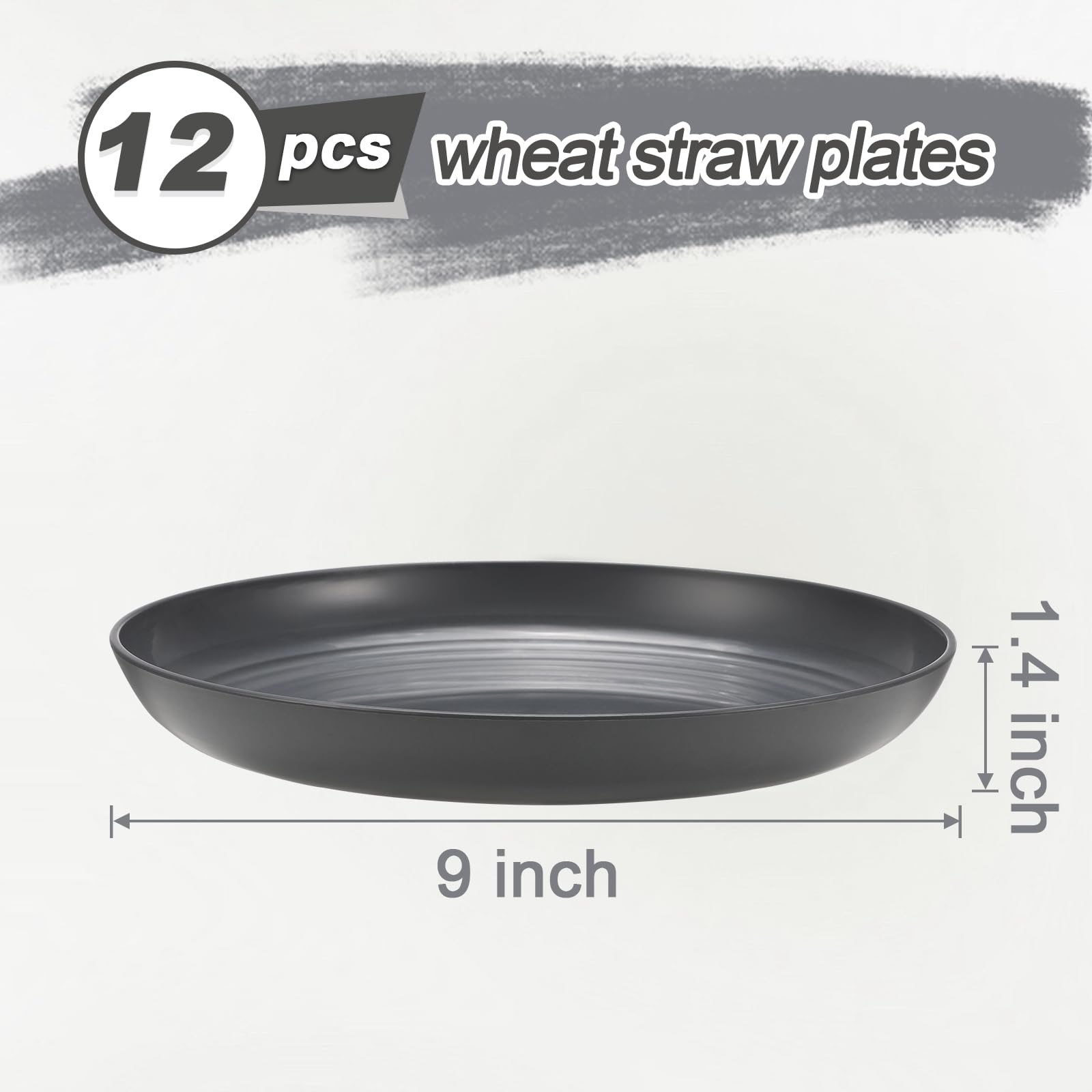 HEYCOME 12 Pcs Unbreakable Deep Dinner Plates Set, 9 inch Reusable Plastic Wheat Straw Plates, Microwave and Dishwasher Safe Plate for Kitchen, Lightweight Plate for Dessert, BPA Free, Dark Gray