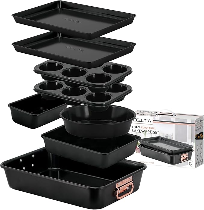 Prime Cuisine Stackable Nonstick Bakeware Set, 8 Piece Baking Pan Set, Oven Safe Carbon Steel, Includes Cookie Sheet, Muffin Pan, Loaf Pan & Roaster