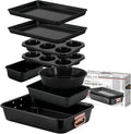 Prime Cuisine Stackable Nonstick Bakeware Set, 8 Piece Baking Pan Set, Oven Safe Carbon Steel, Includes Cookie Sheet, Muffin Pan, Loaf Pan & Roaster