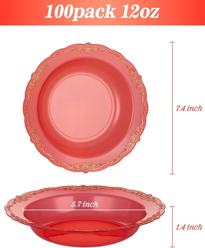 Bestluck 100 Pack Clear Red Plastic Bowls with Gold Rim