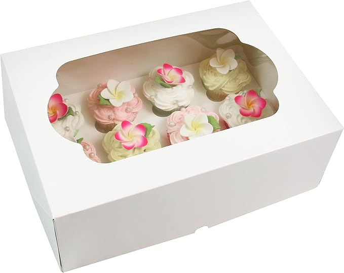 Global Sugar Art 14x10x5 Inch Cupcake Box with Window, White, 5-Count