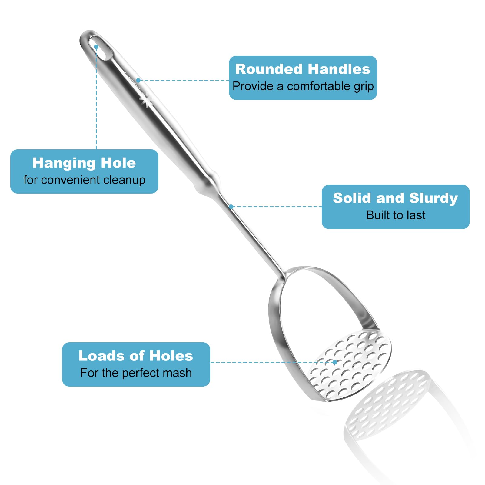 Potato Masher Stainless Steel - Mashed Potato Masher Kitchen Tool，Potato Smasher for Avocado, Tomato, Fruit & Vegetables, Pet Food, Heavy Duty Metal Bean Masher Utensil, Dishwasher Safe, 12.5-Inch
