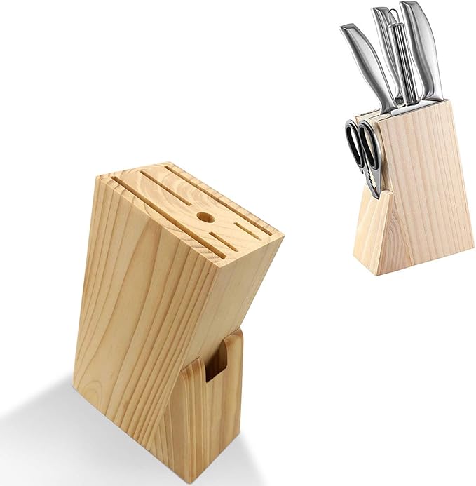 Hooshion Wooden Knife Block Countertop Knife Holder Knife Organizer with Scissors-Slot for Kitchen