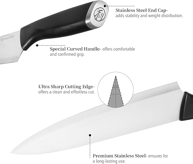 Diamosteel Black Knife Set with Wooden Block, 7-Piece Sharp Knife Block Set