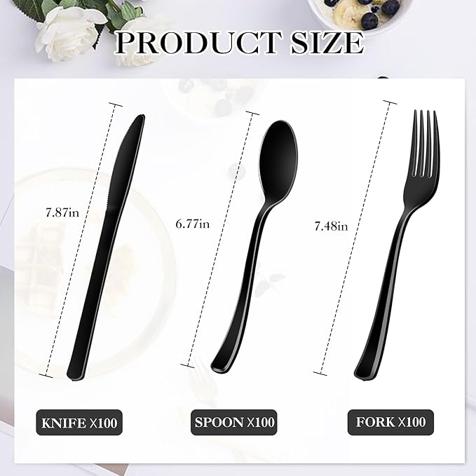 300 Pack Black Disposable Plastic Silverware Heavy Duty