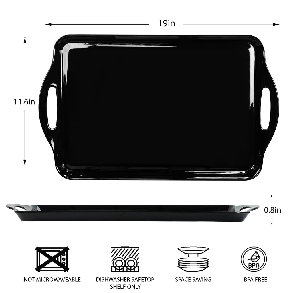 Extra Large Melamine Platters, Serving Tray with Handles for Cookie, Cupcakes, Desserts, Dishwasher Safe, Ottoman Tray Decor, Set of 2, 2 pcs Mats Included (Black, 19''x11.6'')