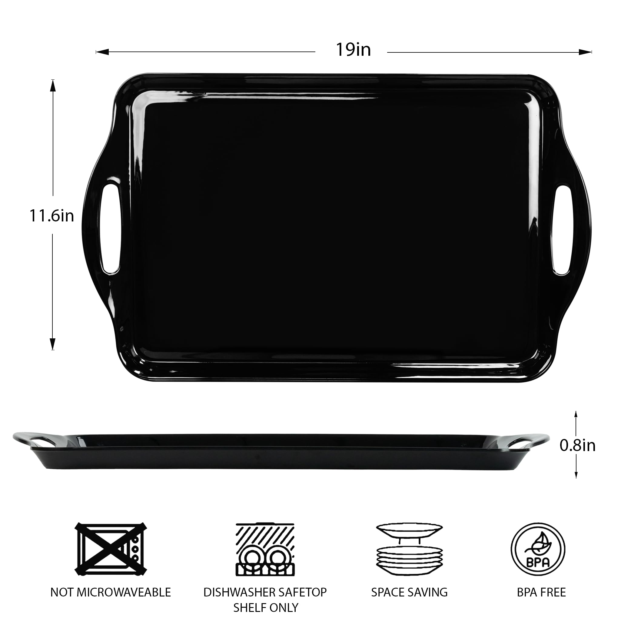 Extra Large Melamine Platters, Serving Tray with Handles for Cookie, Cupcakes, Desserts, Dishwasher Safe, Ottoman Tray Decor, Set of 2, 2 pcs Mats Included (Black, 19''x11.6'')