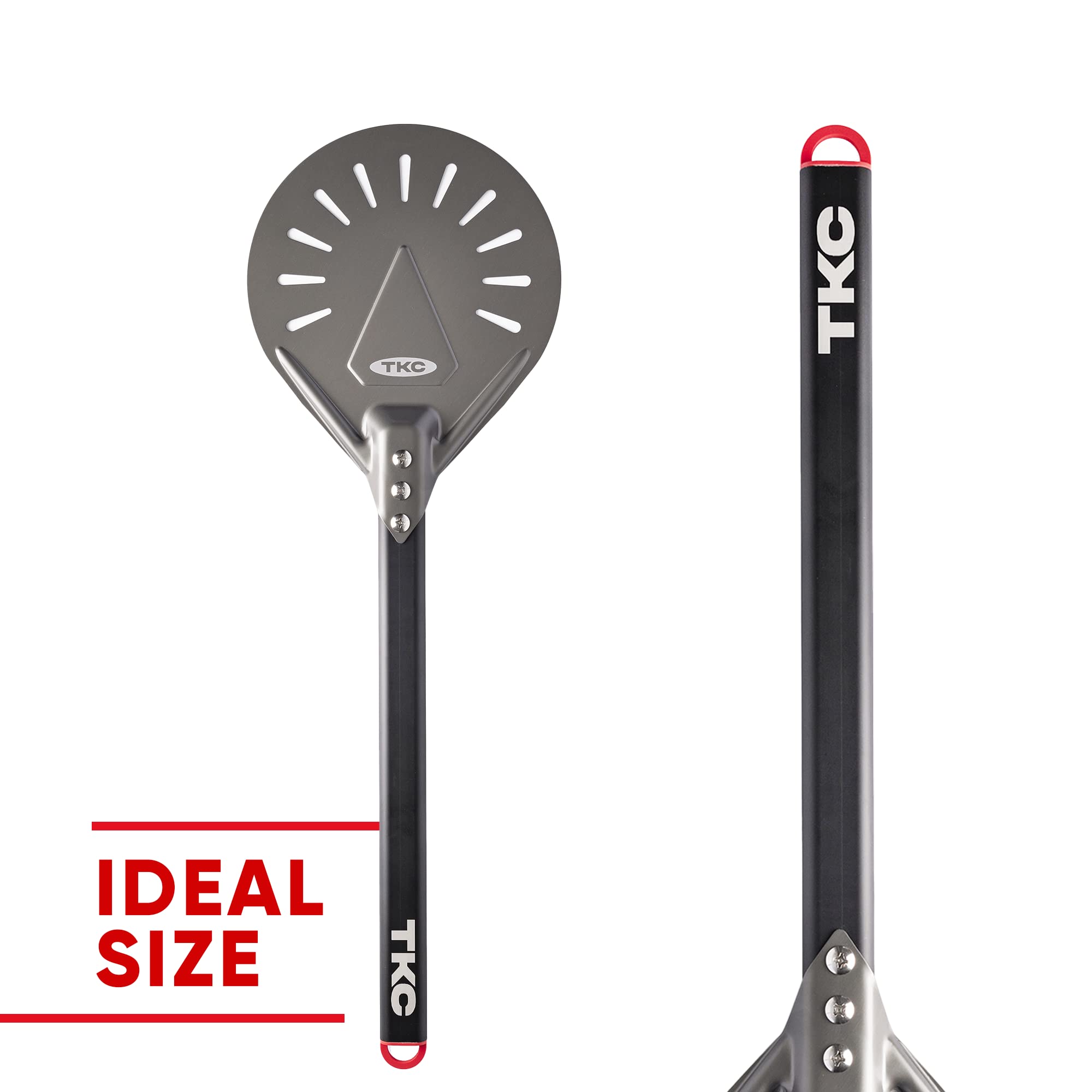 TKC 8" Perforated Pizza Peel - Professional Aluminum Pizza Turning peel - Long Handle Metal Pizza Spatula for Indoor and Outdoor - Lightweight Non-Stick Pizza Turner - Pizza Oven Accessories