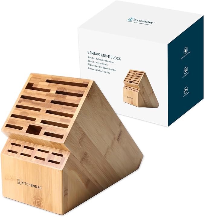 KITCHENDAO 20 Slot Bamboo Knife Block without Knives, Universal Knife Holder for Kitchen, Holding Multiple Types of Knives, Countertop Butcher Block Knife Stand for Easy Kitchen Storage
