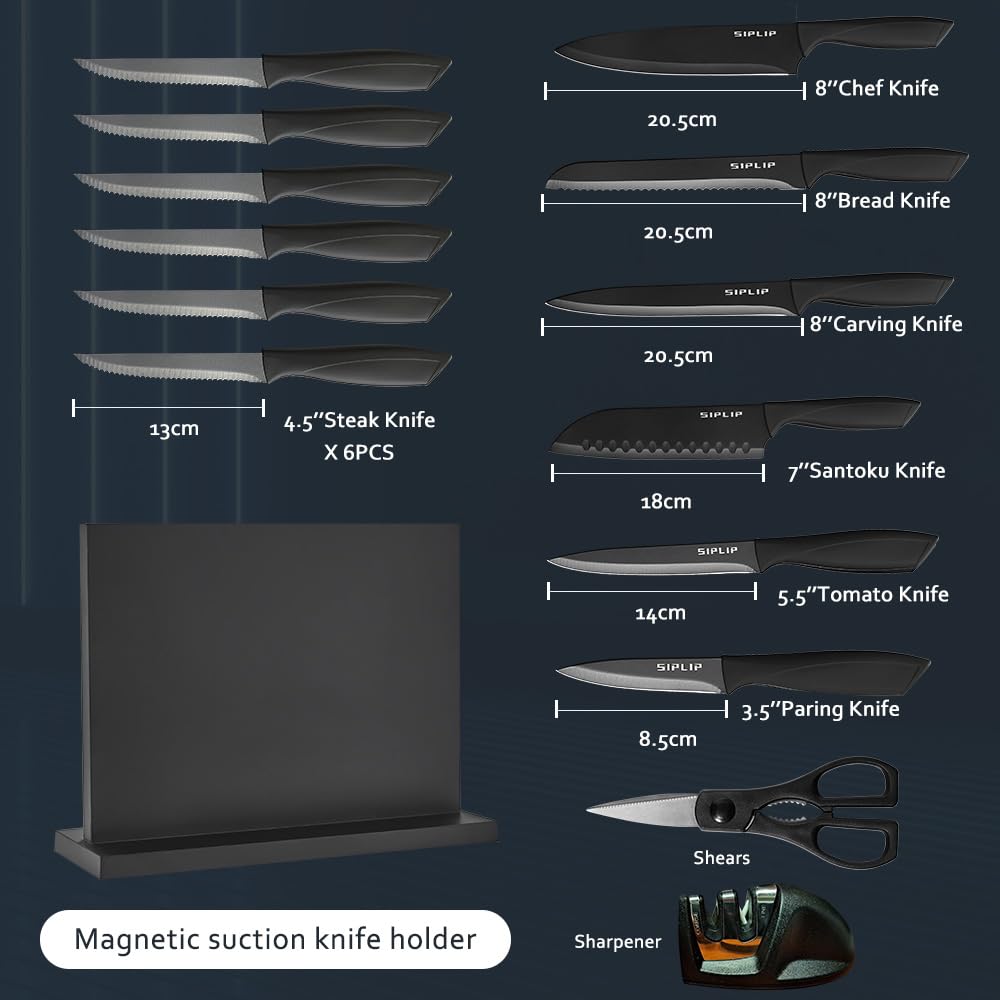 SipLip Kitchen knife set with Magnetic knife holder, 15 pieces high carbon stainless steel sharp kitchen knife set including chef's knife, bread knife, serrated steak knife set