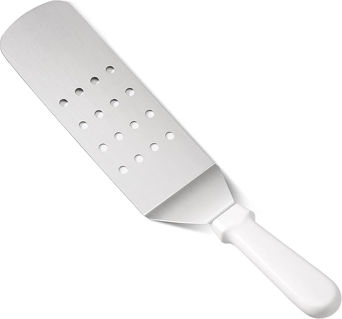 New Star Foodservice 14.5 Inch Perforated Flexible Grill Turner, Stainless Steel Spatula with White Plastic Handle for Griddle, Flat Top, Grill, and Restaurant Use