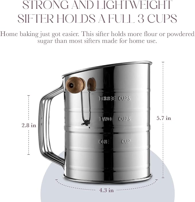 Bellemain Stainless Steel Flour Sifter for Baking with Hand Crank - 3 Cup