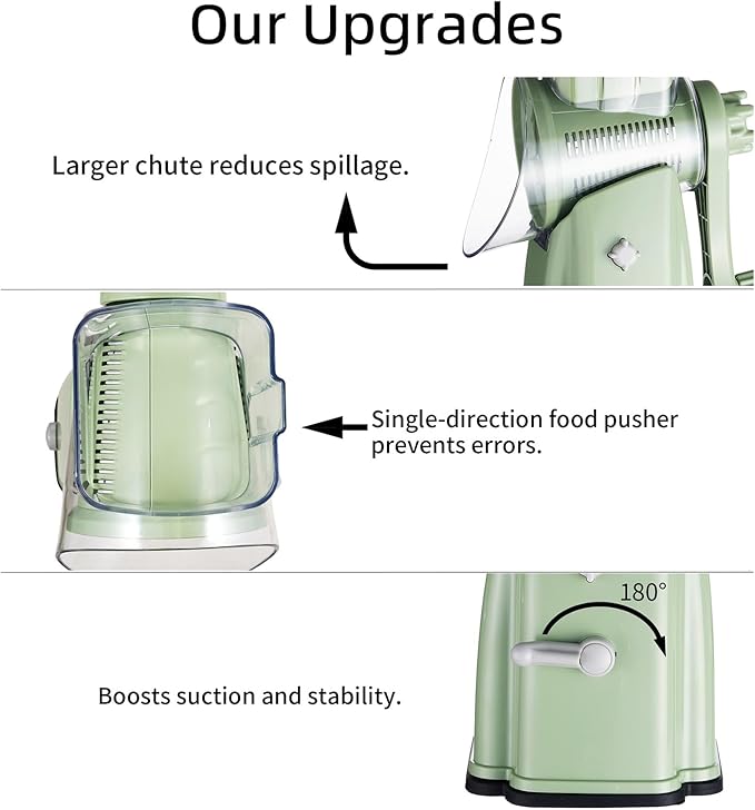 ChinKc Upgrade Rotary Cheese Grater Shredder with Handle, Strong Suction Base, Multi-purpose Rotary Grater Slicer with 5 Interchangeable Blades for Ice, Vegetables, Fruit, Nuts with Blade Storage Box