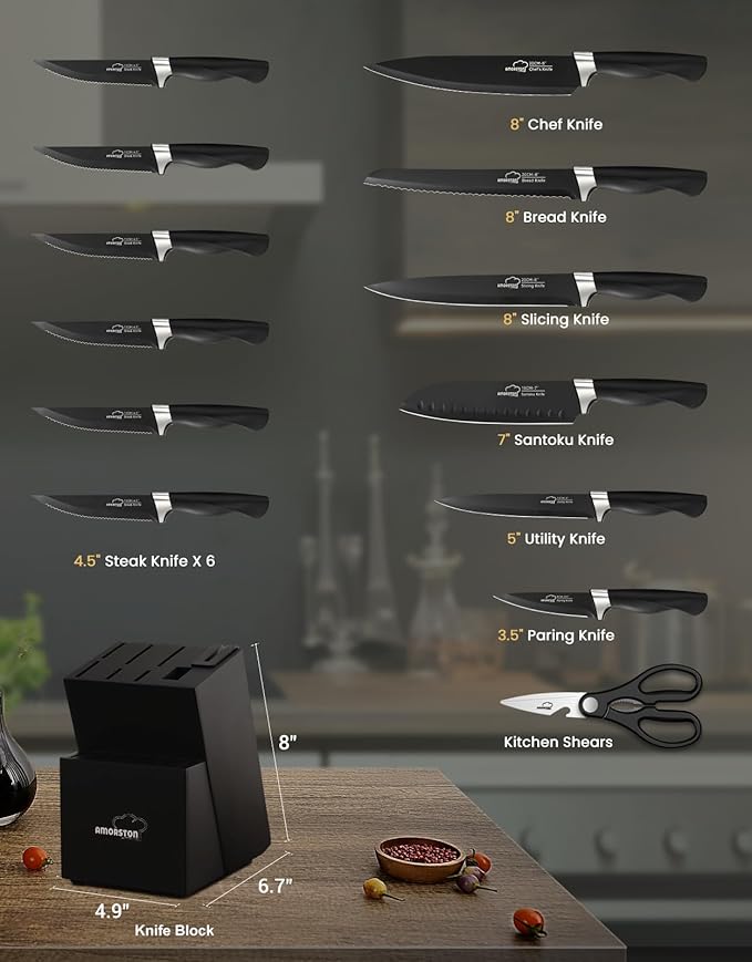 Amorston Knife Set 15 Piece Kitchen Knife Set with Block