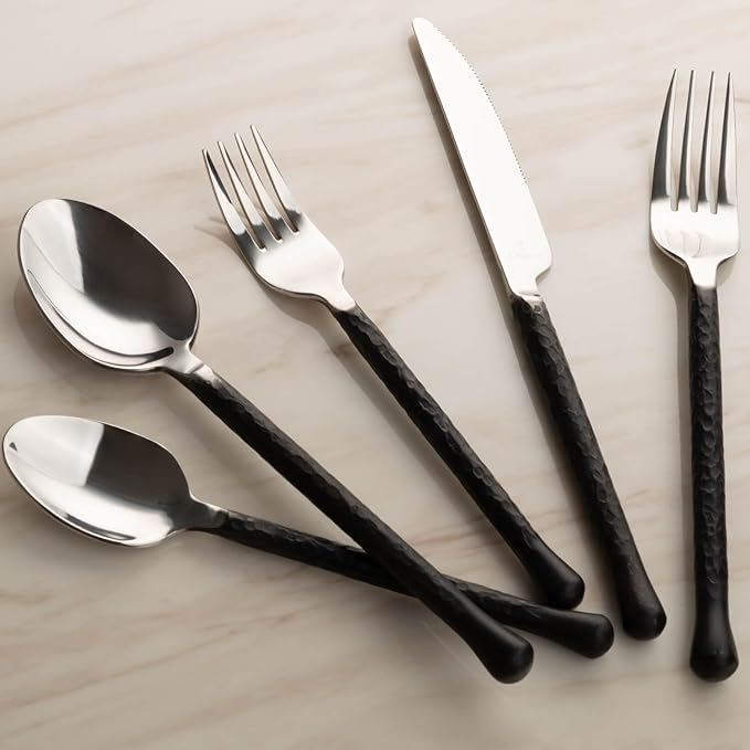 LINZOM Forged 20-Piece Matte Black Silverware Set, 18/10 Stainless Steel Flatware Service for 4, Rustic Black Flatware, Spoons Forks Set Home Kitchen Restaurant Housewarming, Dishwasher Safe