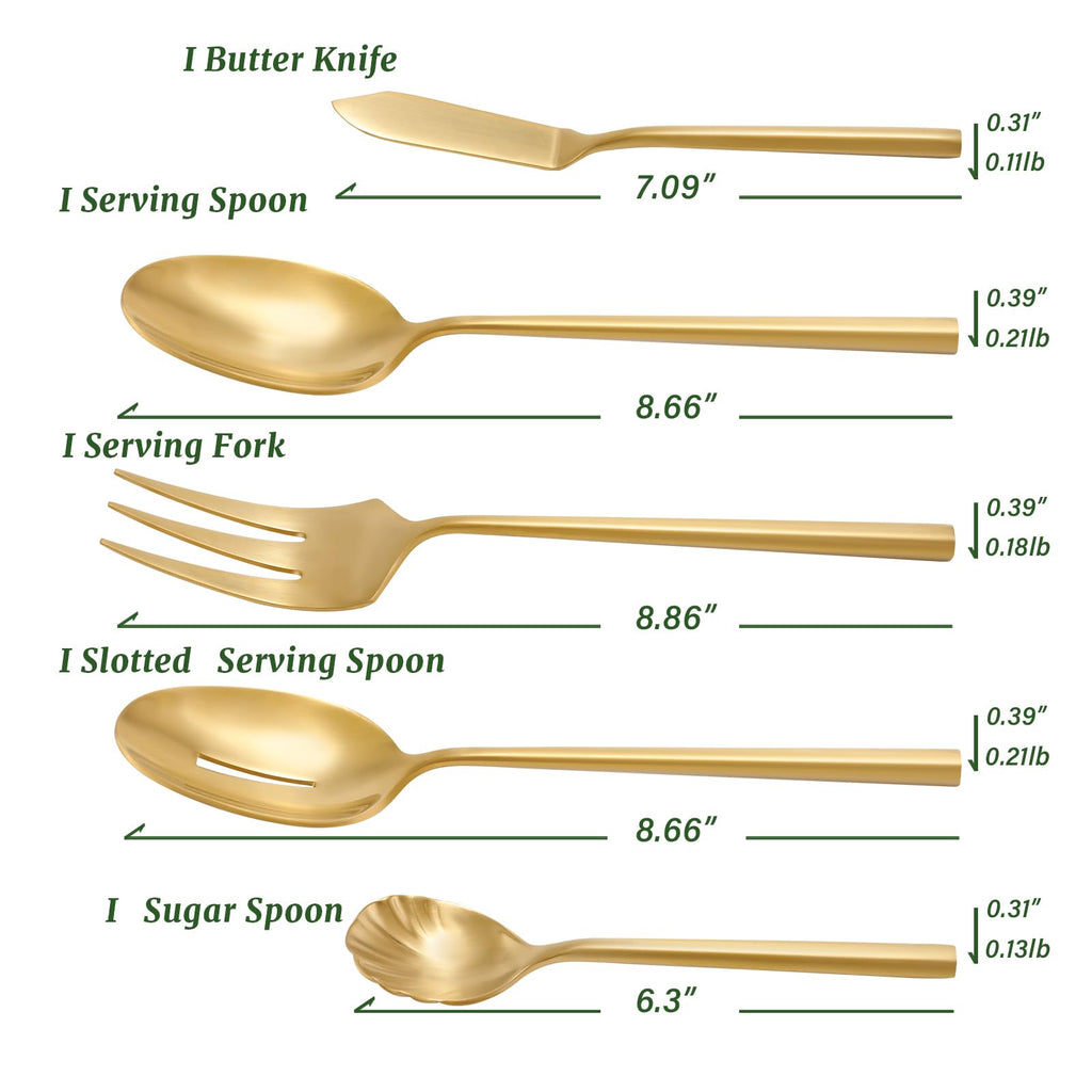 DEACORY Silverware Set with Serving Utensil Set Matte Gold Flatware Set Hand Forged Stainless Steel Cutlery Set 45 Pieces Matte Finished Hexagon Handle Service for 8, DE1004