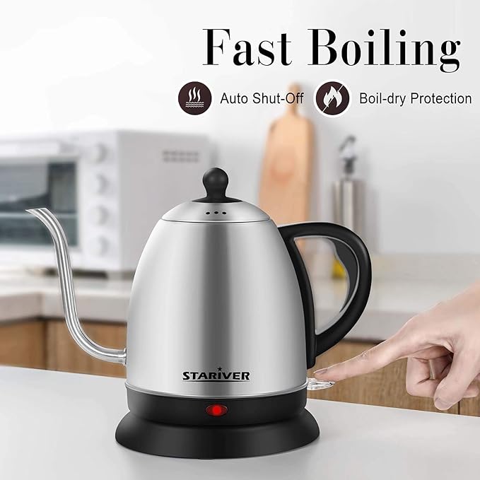 Stariver Gooseneck Electric Kettle, 1L Stainless Steel Pour Over Tea Pot