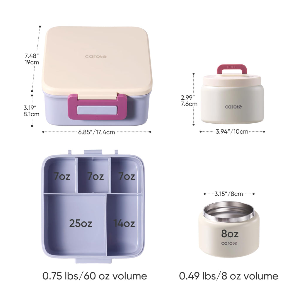 CAROTE Bento Box for Kids, Lunch Box Kids with 8oz Thermos for Hot Food, Lunch Container for Girls Boys, 3 or 5 Compartments with 2 Removable Dividers, BPA Free/Leak Proof/Dishwasher Safe