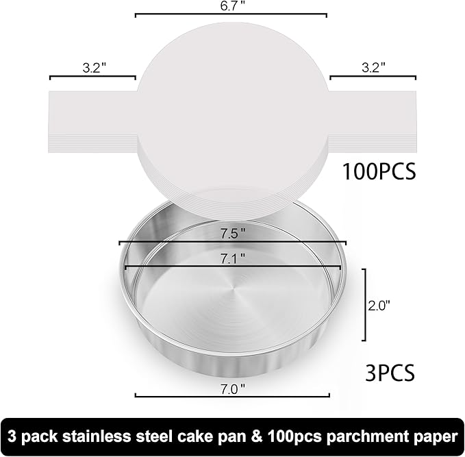 7 Inch Round Cake Pans, 3PCS Stainless Steel Cake Pan &100 Parchment Paper