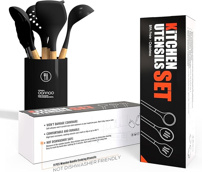 oannao Silicone Cooking Utensils Set - 446°F Heat Resistant Silicone Kitchen Utensils for Cooking,Kitchen Utensil Spatula Set w Wooden Handles, BPA FREE Gadgets for Non-Stick Cookware (Black)