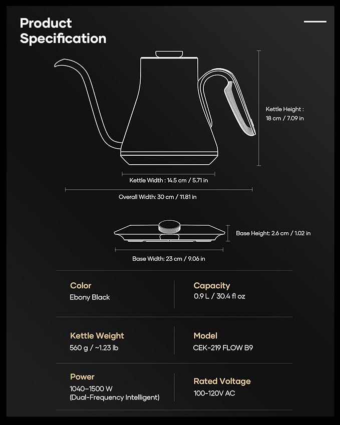 INTASTING Gooseneck Electric Kettle with ±1℉ Temperature Control 0.9 Liter