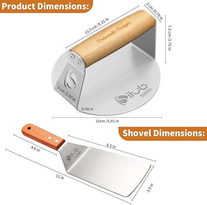SILUB Stainless Steel Burger Press with Spatula, 6" Hamburger Smasher, Perfect for Meat, Cooking, and Grill