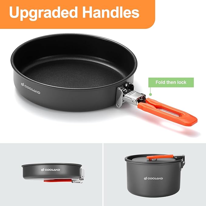 Odoland Camping Cookware Mess Kit, 4-Piece Set with Pot, Fry Pan, Kettle, and Mesh Bag, Aluminum, Black, Compact, for 3-4 People, Outdoor Cooking and Picnic