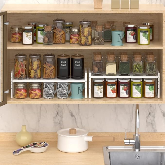 MIYUPTC Expandable Cabinet Shelf Rack, Large Kitchen Cupboard Organizer Stackable Cabinet Pantry Shelf, Organization and Storage for Kitchen Bathroom, Metal Plate, White, 3 Pack