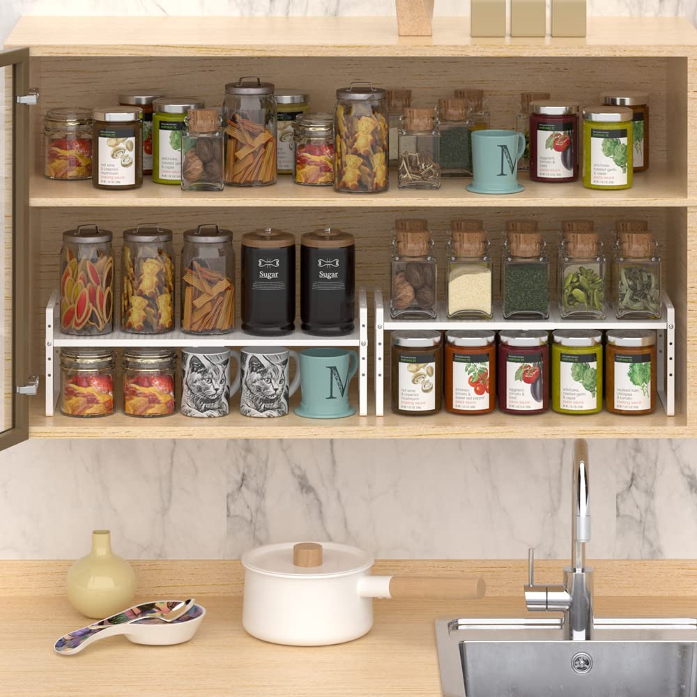 MIYUPTC Expandable Cabinet Shelf Rack, Large Kitchen Cupboard Organizer Stackable Cabinet Pantry Shelf, Organization and Storage for Kitchen Bathroom, Metal Plate, White, 3 Pack