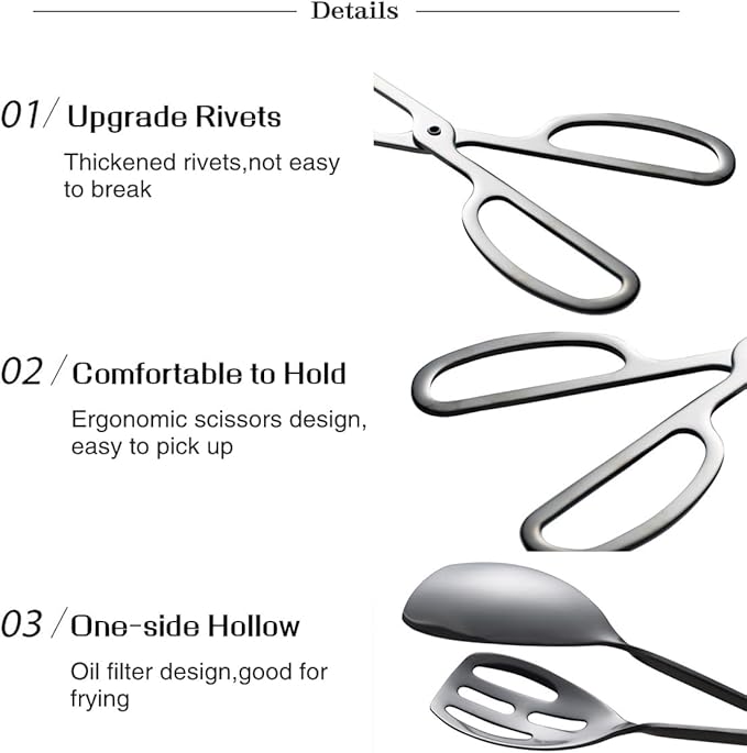 IAXSEE 2 Pieces Buffet Salad Tongs for Kitchen Serving and Cooking, Stainless Steel Food Scissor Tongs, Catering Utensil for Bread Cake Bake Steak Barbecue (Black)