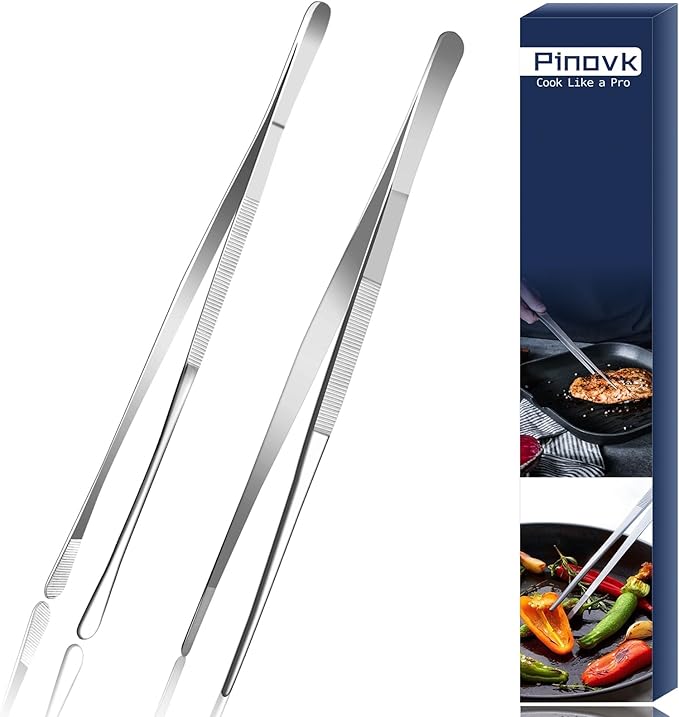 Pinovk 2 Pcs 12-Inch Kitchen Tweezers, Extra-Long Stainless Steel Cooking Tweezer Tongs for Plating, Roasting, Serving Food, Silver