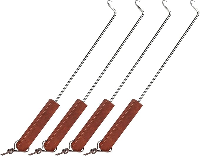 Acrux7 4 Pack Pigtail Meat Flipper Hook, 17 Inch Stainless Steel BBQ Meat Hook with Wooden Handle, Steak Turner Flipper Hook, Pigtail Food Flippers for Grilling, Smoking, Easy to Clean & Right Handed