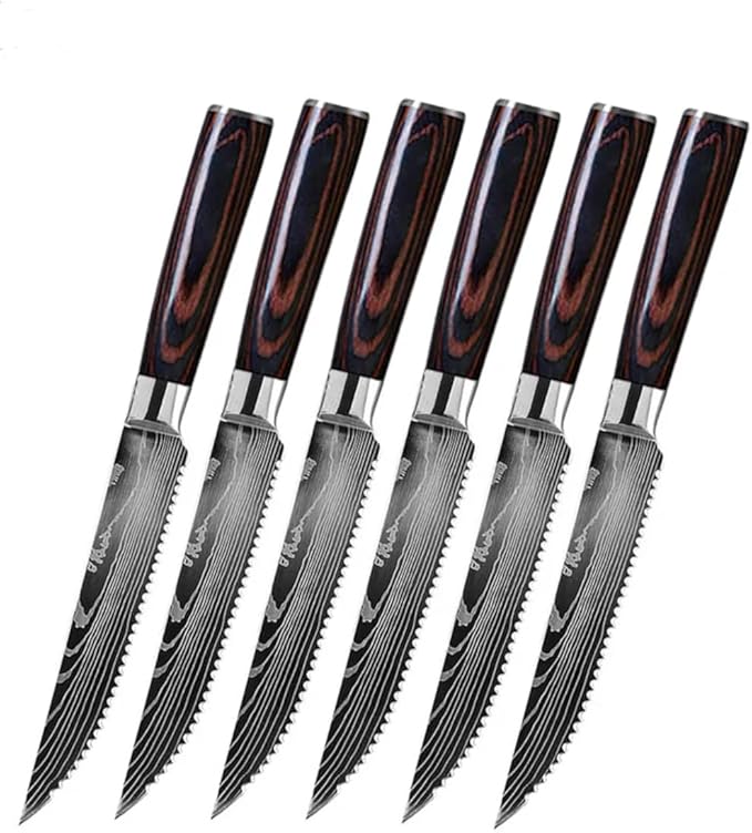 The Epicurean Cook Majesty Series Professional Steak Knife Set with Damascus Pattern - Razor Sharp Serrated Stainless Steel with Wooden Handle (Set of 6 Steak Knives)