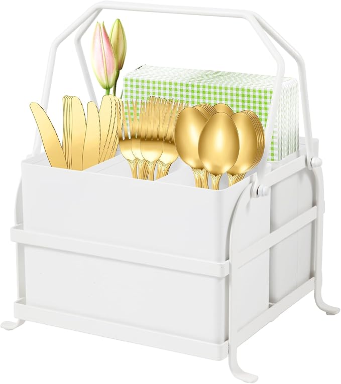 NelyBet Silverware Caddy Utensil Holder With Handle,Outdoor Silverware Holder Picnic Caddy and Camping Utensil Organizer, Flatware Holder for Party Gatherings, Metal -White