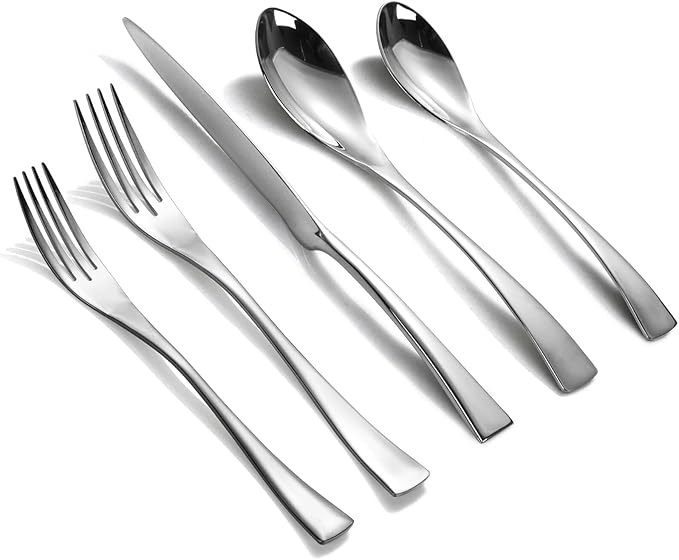 Lemeya 20 Pieces Silverware Set for 4,Heavy Duty 18/10 Stainless Steel Flatware Set with Forged Stand Knives,Modern Cutlery Utensil Set,Mirror Polished,Dishwasher Safe