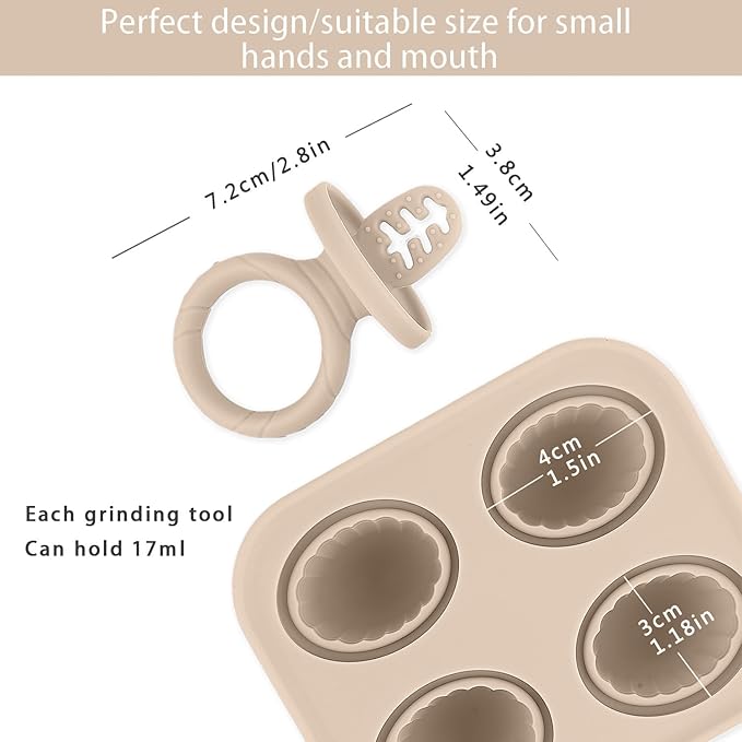 Silicone Baby Ice Pop Molds with Easy-Grip Handles, 4-Cavity Frozen Food Feeder Tray for Toddlers, Mini Popsicle Maker for Feeding Stage, Fruit Puree & Breast Milk Snacks(Beige)