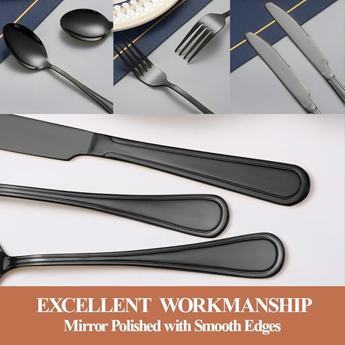 40 Pcs Black Silverware Set for 8, Food Grade Stainless Steel Flatware Set, Eating Utensils Sets Include Fork/Knife/Spoon, Reusable Cutlery Set for Home Kitchen, Dishwasher Safe, Double-stripe