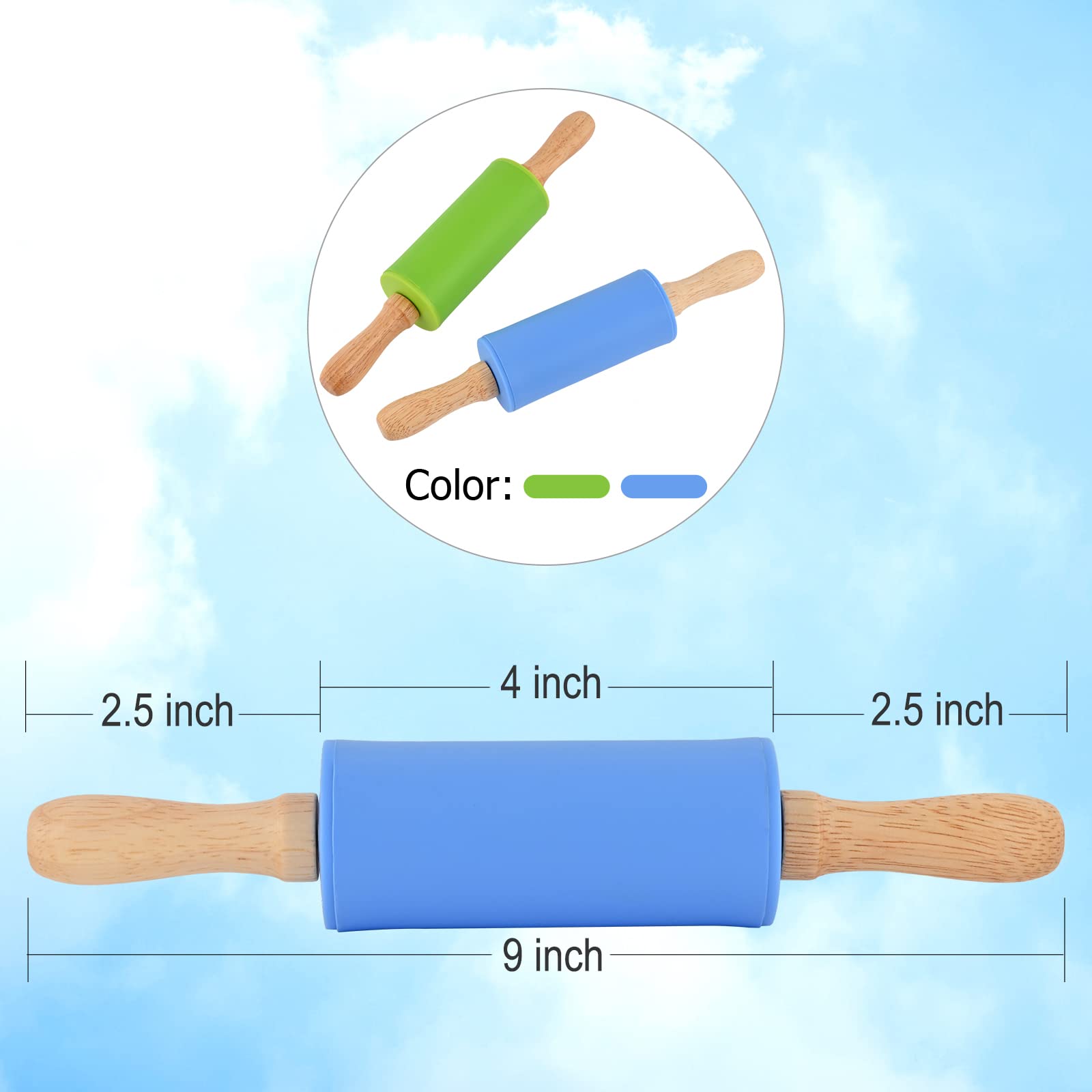 Honglida Mini Silicone Rolling Pin for Kids, Non-stick Surface Wood Handle, 9 Inch 2 Pack