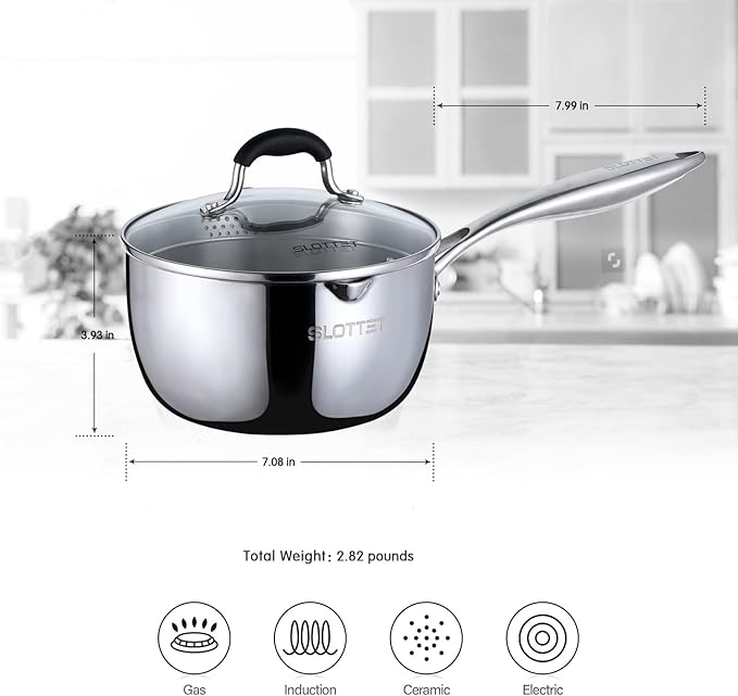 SLOTTET Tri-Ply Whole-Clad Stainless Steel Sauce Pan with Pour Spout,2.5 Quart Small Multipurpose Pasta Pot with Strainer Glass Lid, Saucepan for Cooking with Stay-cool Handle.