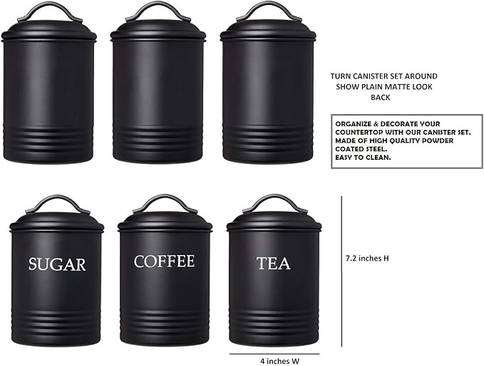 Steelware Central Kitchen Canister Set of 3 Sugar Coffee Tea with lids Food Storage, Black