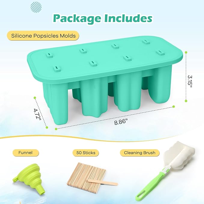 Firstfooby Popsicles Molds, 8-Cavity Silicone Popsicle Molds with 50 Sticks, BPA-Free Ice Pop Mold Popsicle Maker with Funnel & Cleaning Brush for Kids Adult Teens