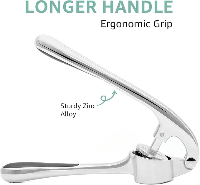Garlic Press Crusher & Mincer – Easy Squeeze Ergonomic Handle, Heavy Duty Zinc Alloy, Dishwasher Safe, Includes Peeler & Cleaning Brush – Garlic Ginger Crusher Tool (Imperial Silver)