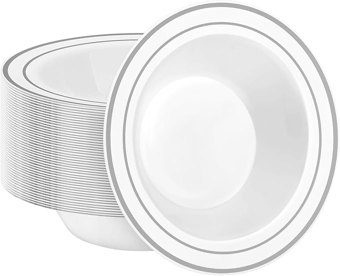 BESTSTAR 50 Pack Disposable Soup Bowls with Silver Rim