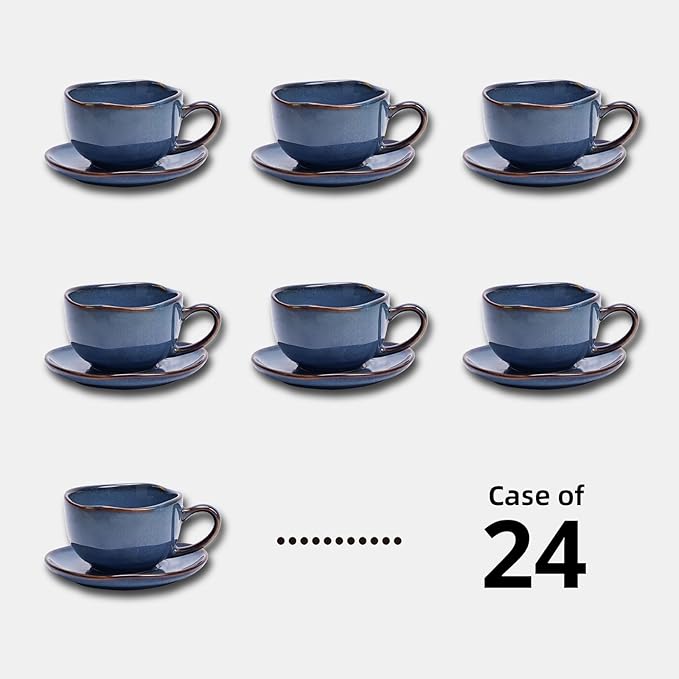 Organic Shape Highland Ceramic Coffee Cup and Saucer, 24pcs 8oz Handmade Reactive Glaze Stoneware Cup and Saucer with Wavy Edge, for Kitchen, Microwave & Dishwasher Safe, Scratch Resistant-Blue