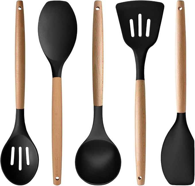 IOCBYHZ Silicone Cooking Utensils Set of 5, Heat Resistant Silicone Kitchen Utensils Set with Wooden Handle, BPA Free Spatula Spoon Turner Ladle Cooking Kitchen Gadgets for Nonstick Cookware & Baking