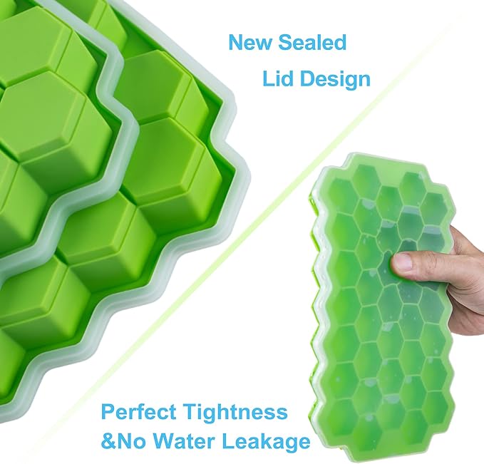 2 PCS Premium Ice Cube Trays, AUSSUA Silicone Ice Cube Molds with Sealing Lid, 74-Ice Trays, Reusable, Safe Hexagonal Ice Cube Molds, for Chilled Drinks, Whiskey, Cocktail, Food